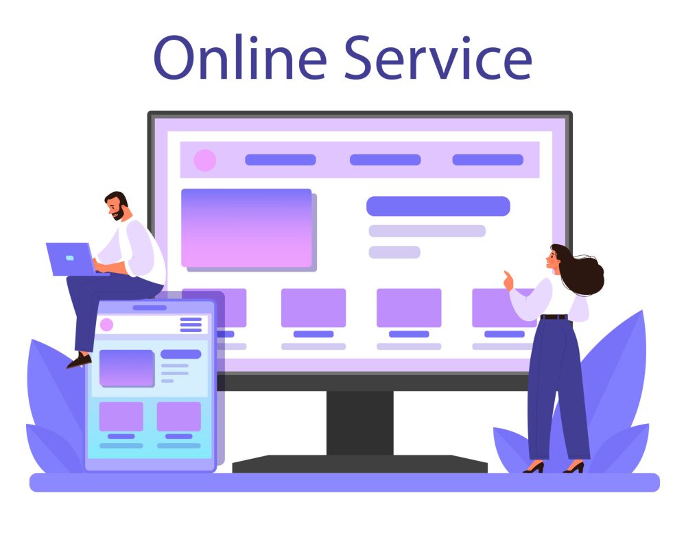 Responsive web design online service or platform. Adaptive content presentation on different web pages. Flat vector illustration